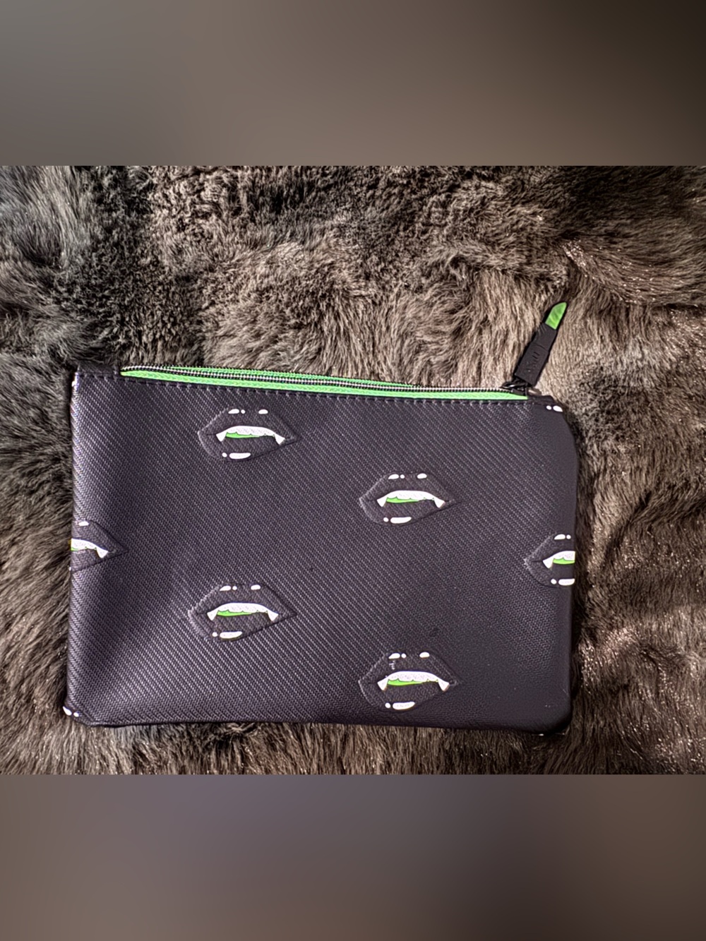 ipsy Black Cosmetic Pouch with Green Accent Vampire Lip Print